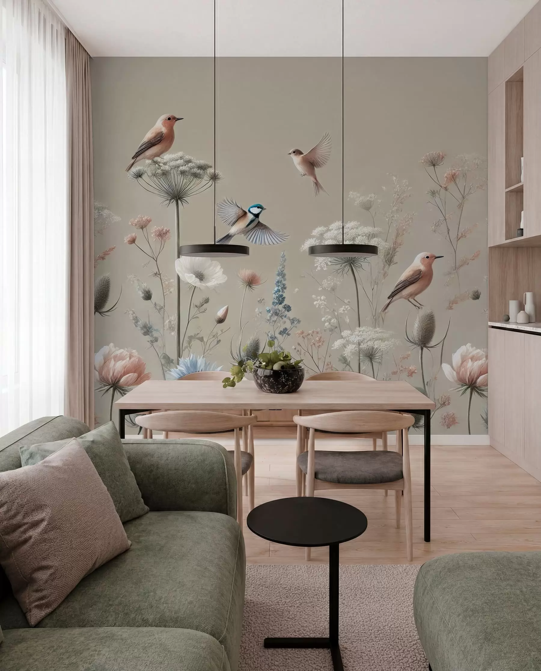 Wall Mural Photo Wallpaper Delicate wildflowers with birds on a beige background w01958