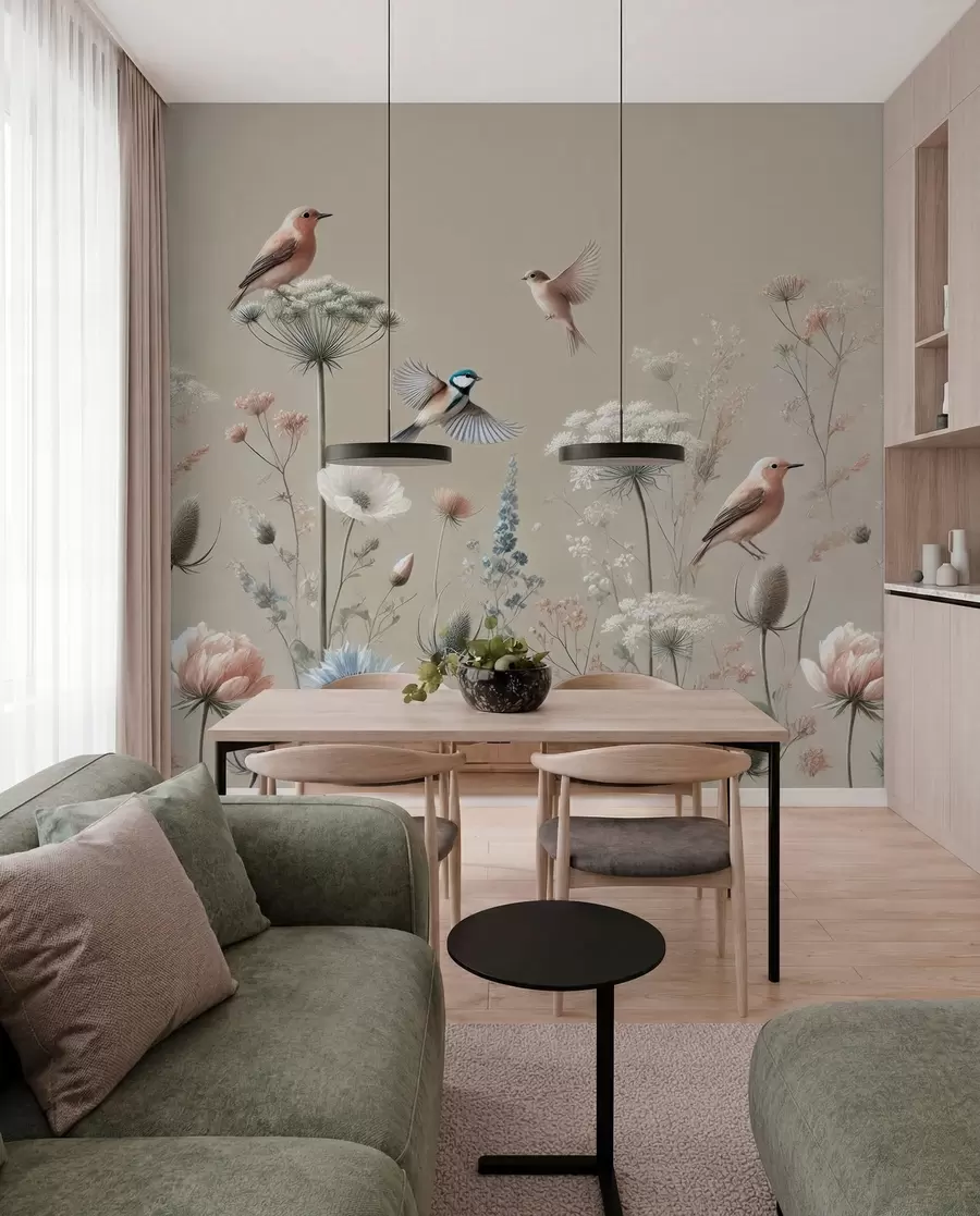 wall murals Delicate wildflowers with birds on a beige background w01958