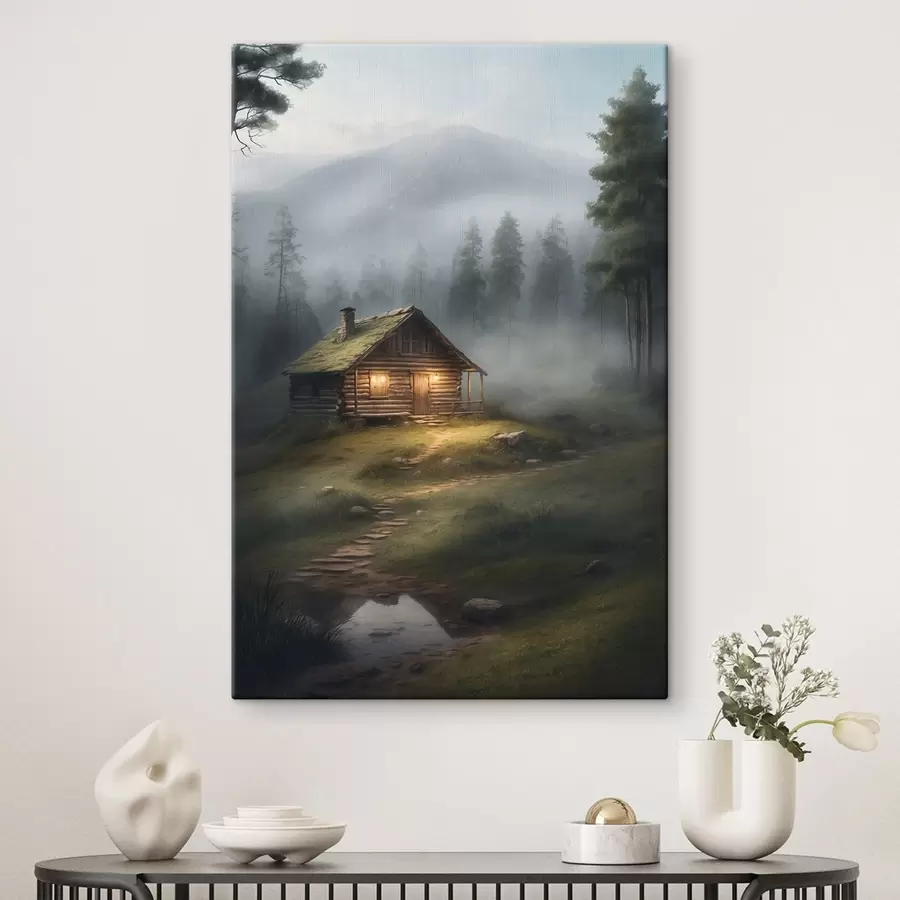 wall murals Cabin in a foggy forest s41304