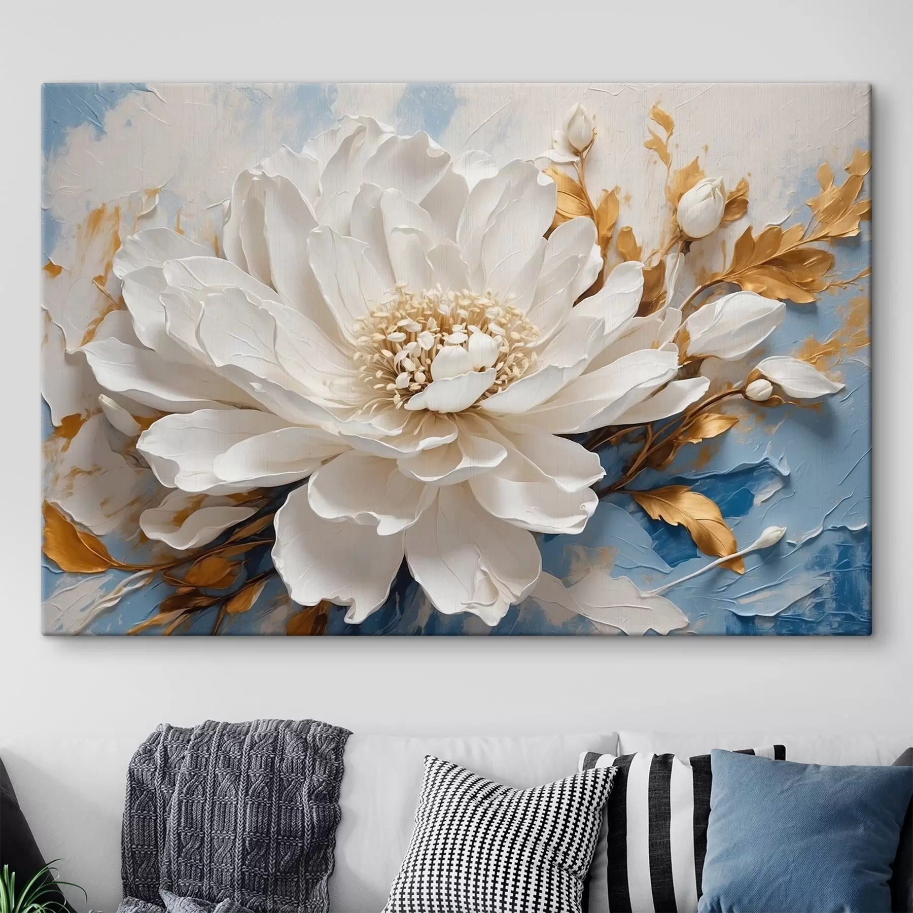 murales Flor blanca sobre fondo blanco y azul s41311