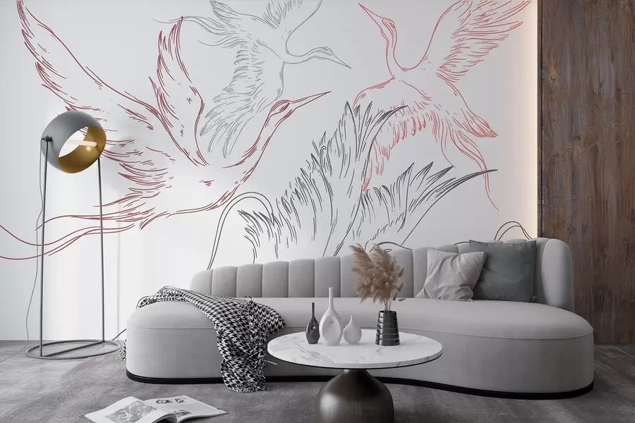 Wall Mural Photo Wallpaper Birds flying, minimalism, line art, nature, grey and red colors w02061v1