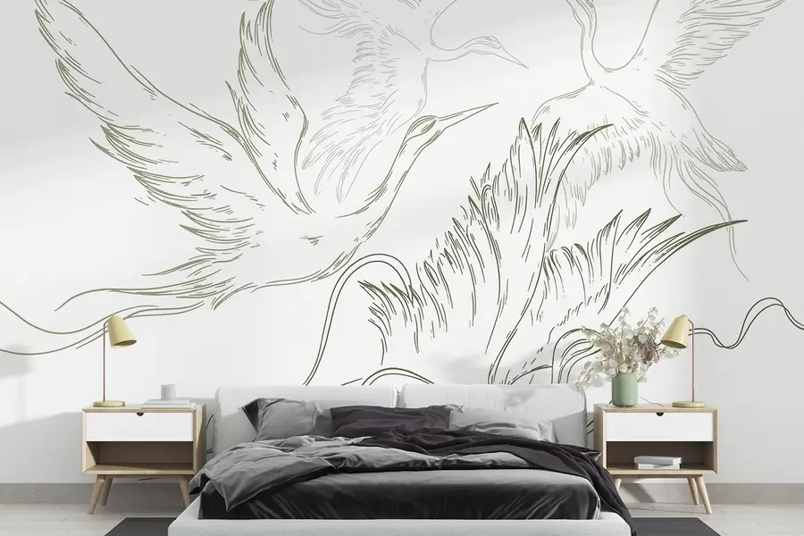 murales Pájaros volando, minimalismo, arte lineal, naturaleza, color verde w02061v2