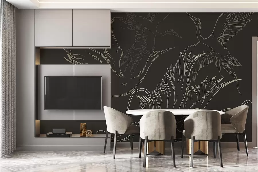 Wall Mural Photo Wallpaper Birds flying, minimalism, line art, nature, dark background w02061v3