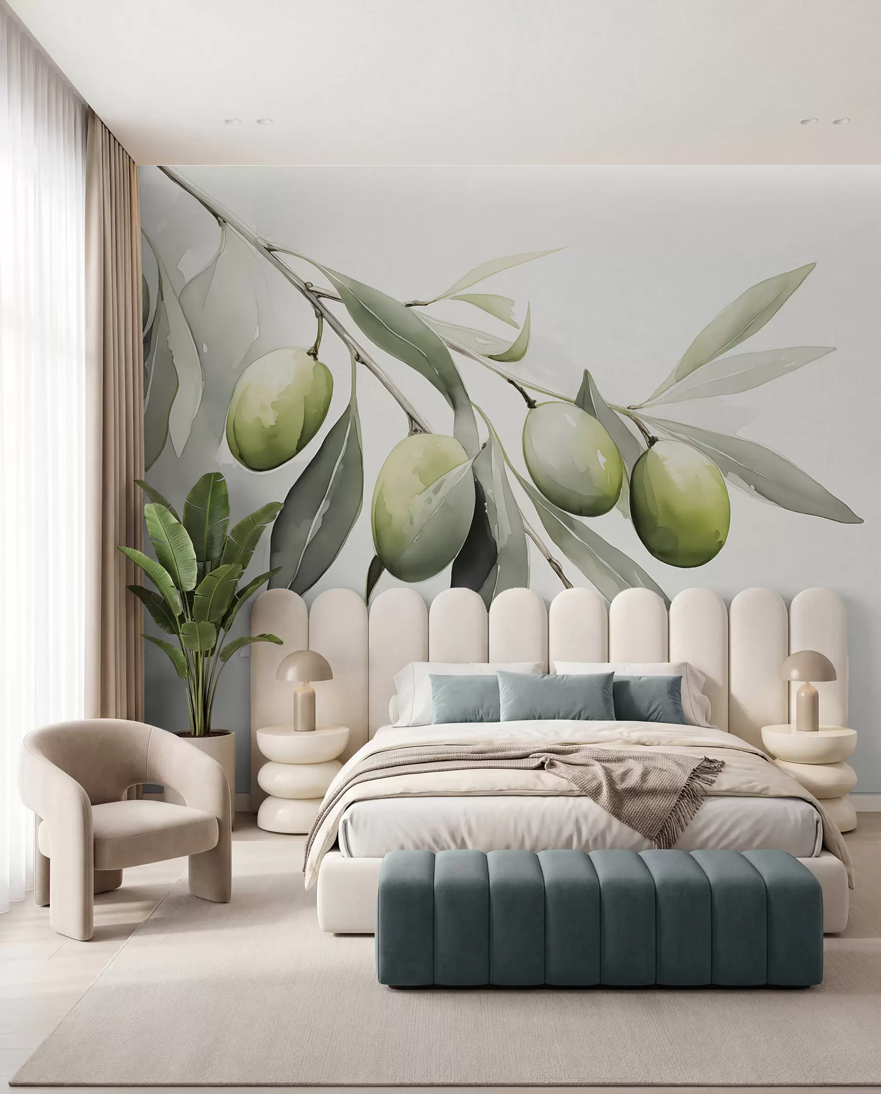 murales Rama con aceitunas verdes acuarela húmeda w02042