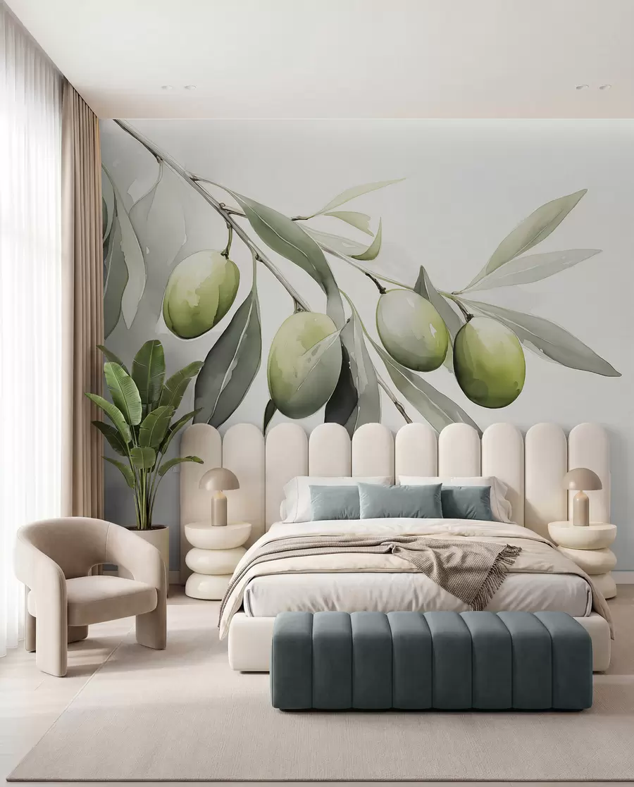 wall murals Branch with green olives wet watercolor w02042
