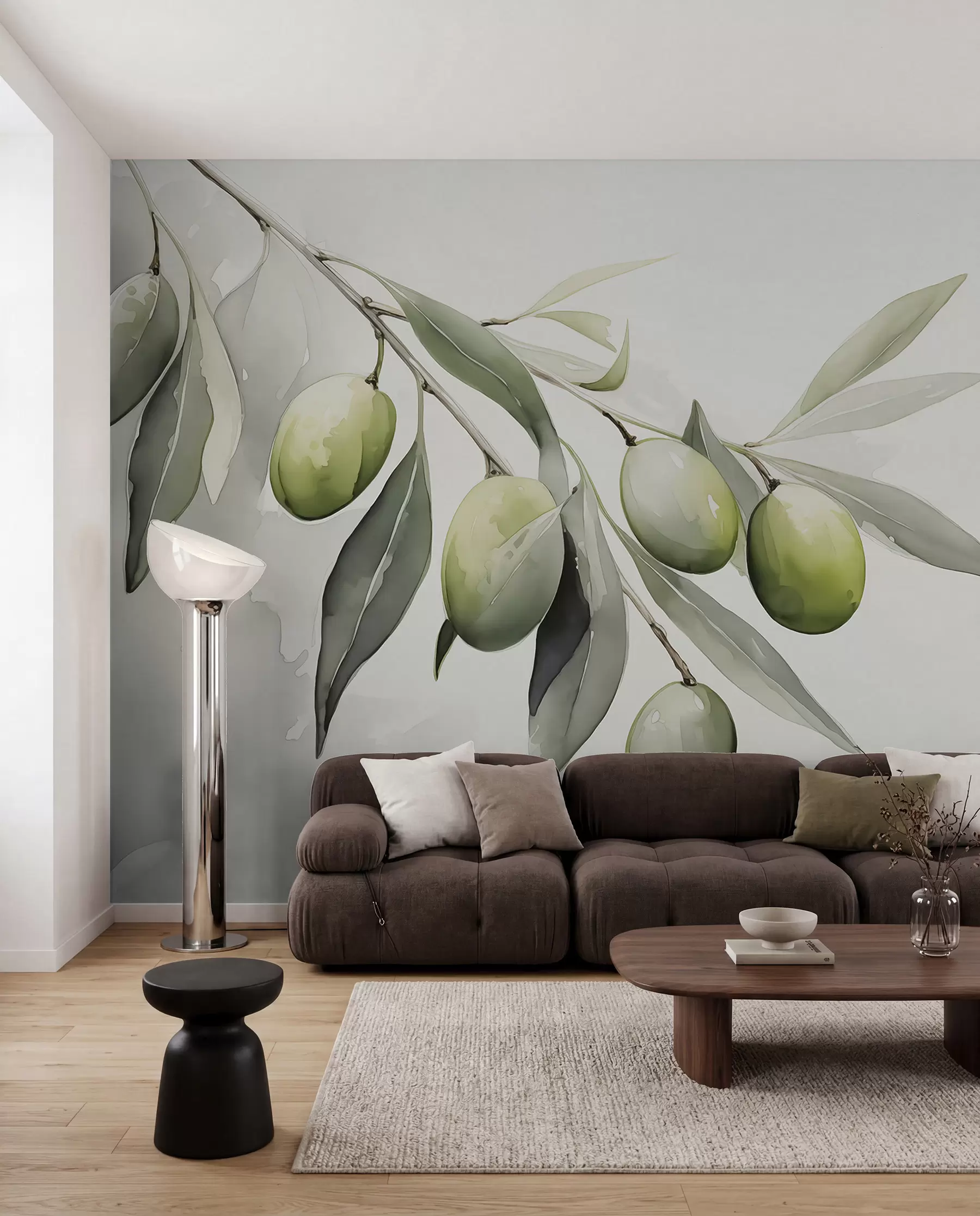 murales Rama con aceitunas verdes acuarela húmeda w02042