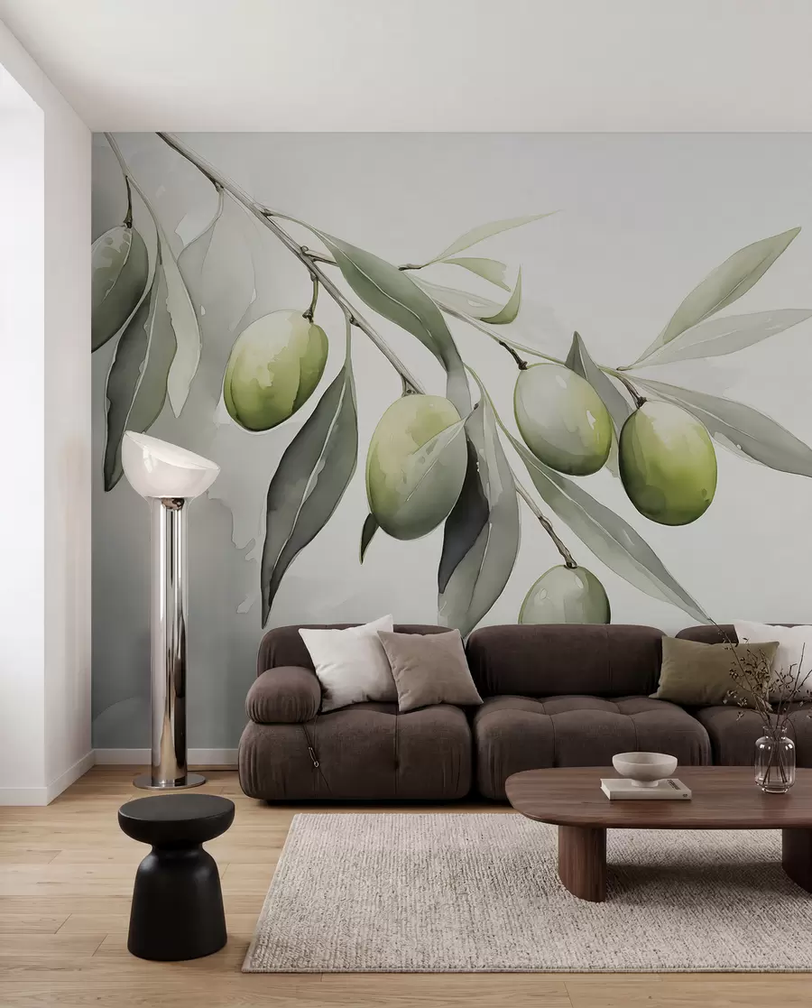Wall Mural Photo Wallpaper Branch with green olives wet watercolor w02042