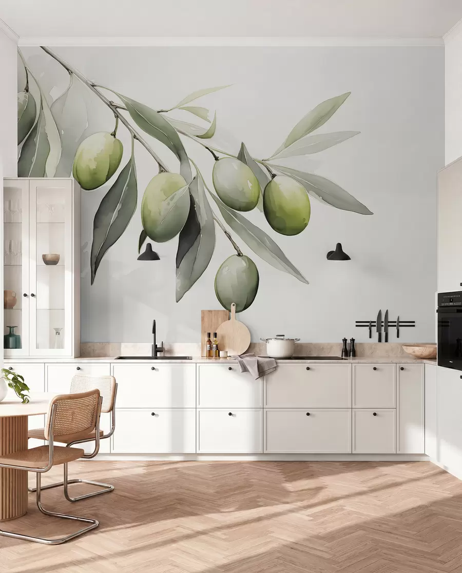 peintures murales Branche avec olives vertes aquarelle humide w02042
