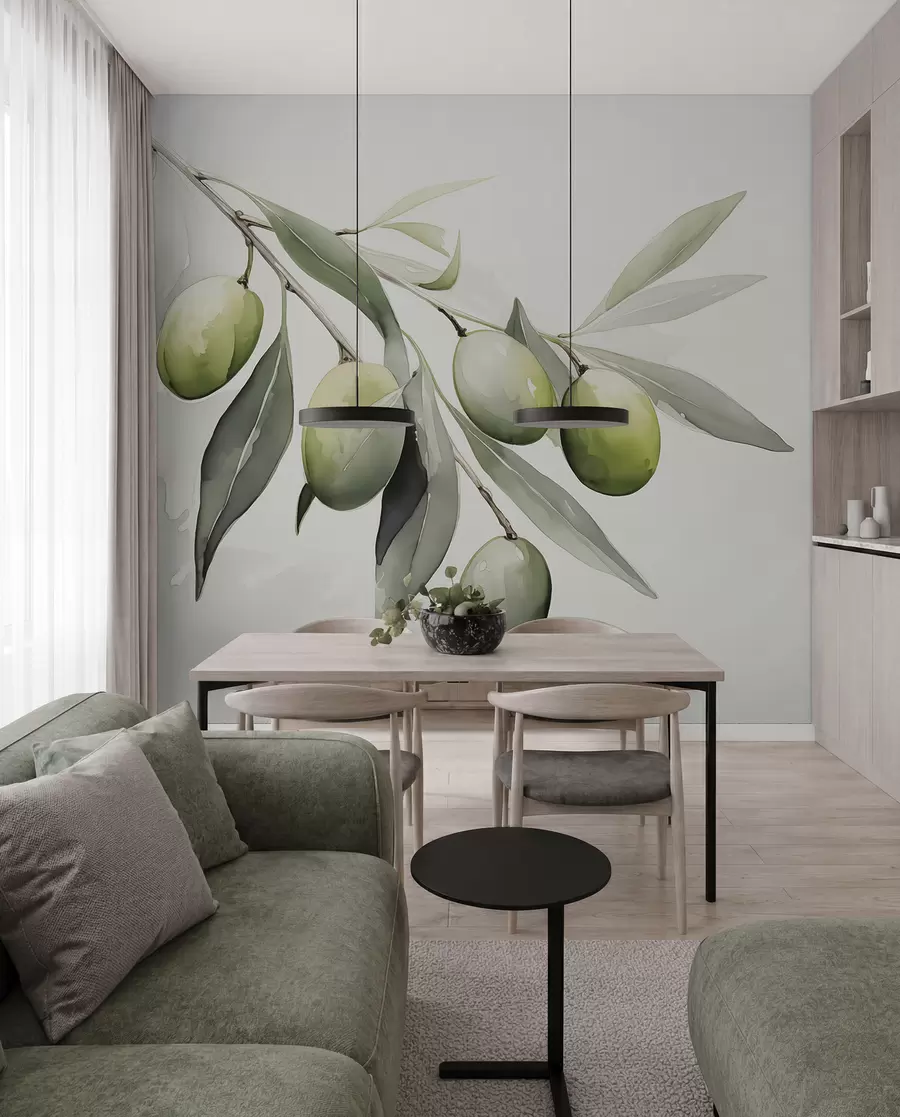wall murals Branch with green olives wet watercolor w02042