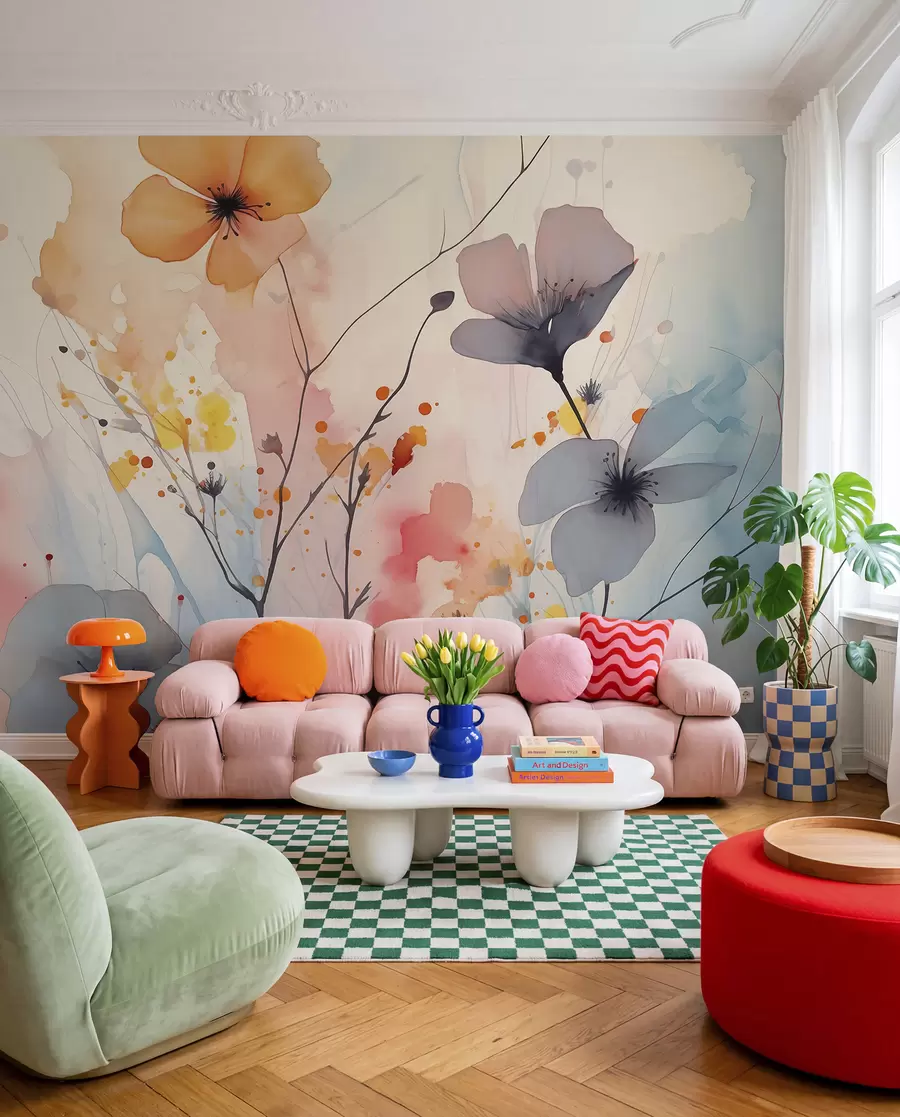 Wall Mural Photo Wallpaper Abstract bright flowers and branches with splashes of paint wet watercolor w02049