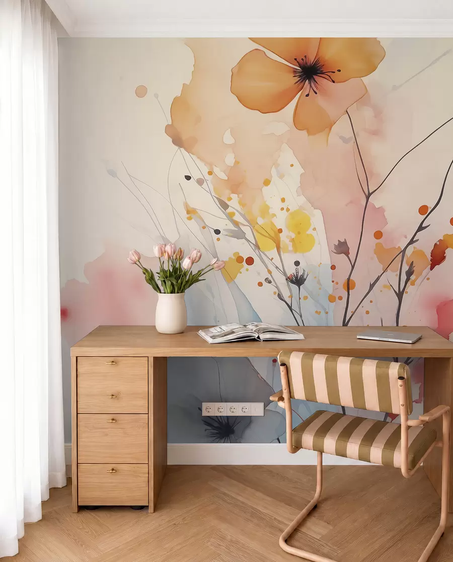 wall murals Abstract bright flowers and branches with splashes of paint wet watercolor w02049