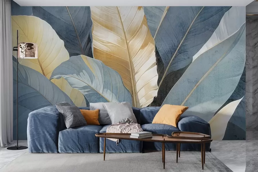 wall murals A close-up view of large lush, textured decorative tropical leaves in shades of blue, green, and yellow w08373