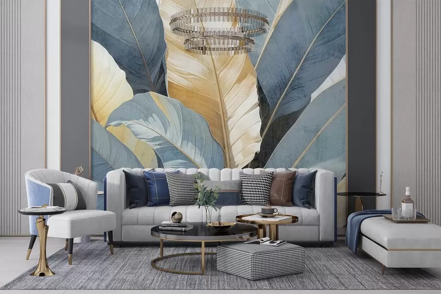 Wall Mural Photo Wallpaper A close-up view of large lush, textured decorative tropical leaves in shades of blue, green, and yellow w08373