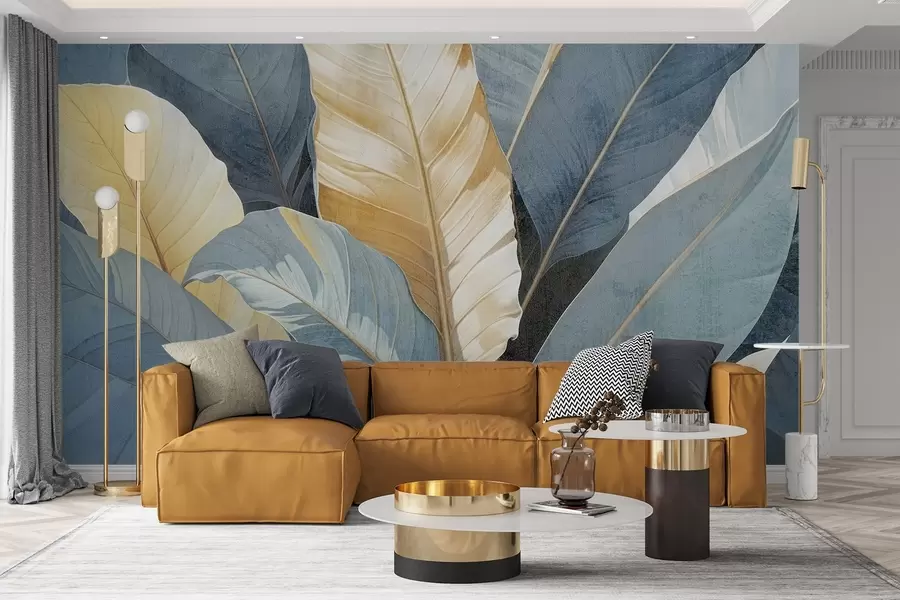 murales Primer plano de grandes y exuberantes hojas tropicales decorativas con textura en tonos azules, verdes y amarillos w08373