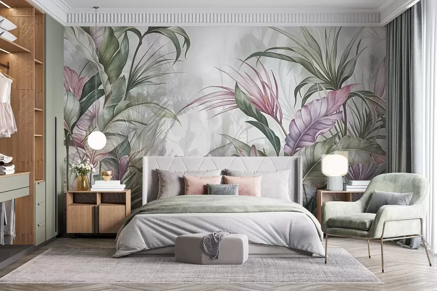 murales Selva tropical con grandes hojas verdes y flores de protea rosa con fondo borroso texturizado w08375
