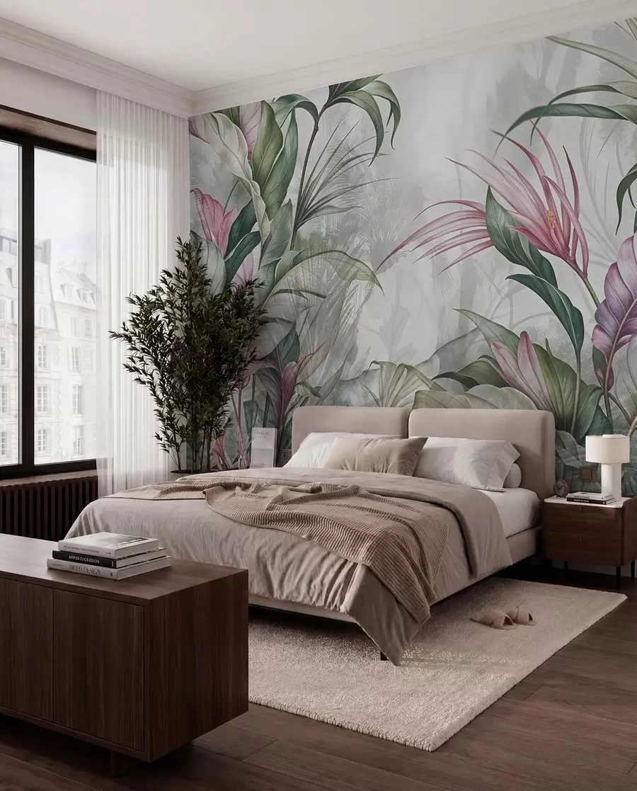 peintures murales Jungle tropicale avec de grandes feuilles vertes et des fleurs de protea roses sur fond texturé flou w08375
