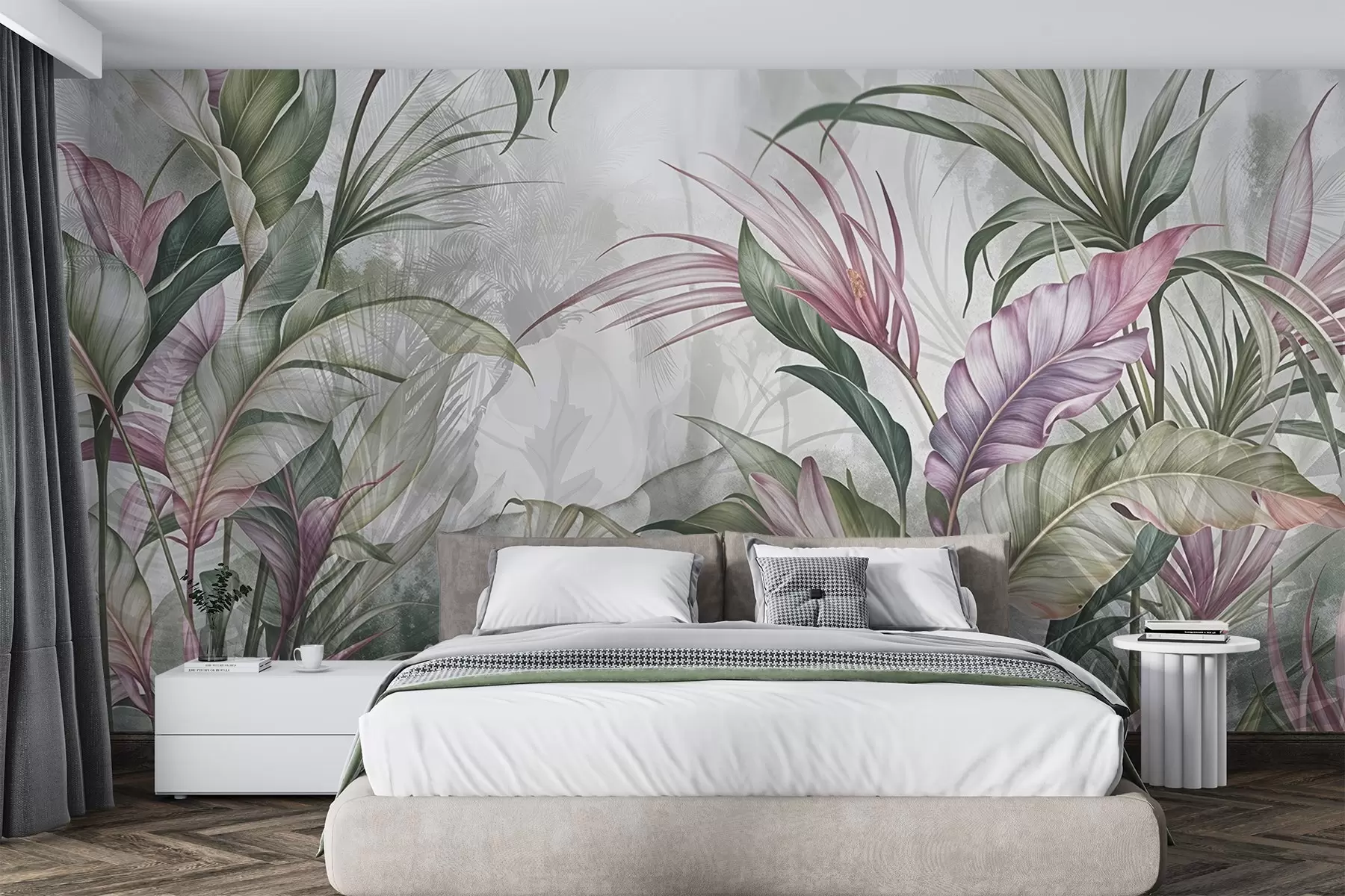 Wall Mural Photo Wallpaper Tropical jungle with large green leaves and pink protea flowers with blurred textured background w08375