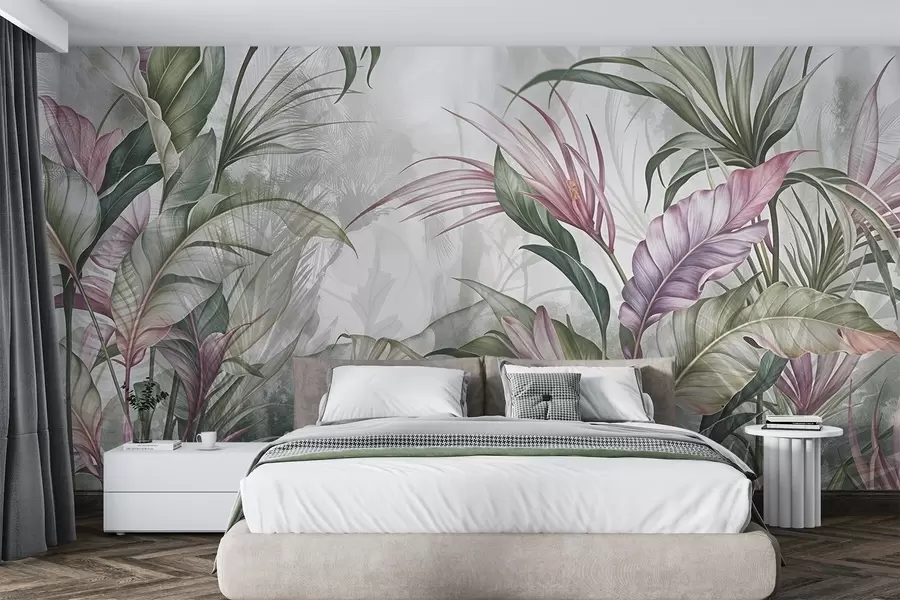 Wall Mural Photo Wallpaper Tropical jungle with large green leaves and pink protea flowers with blurred textured background w08375