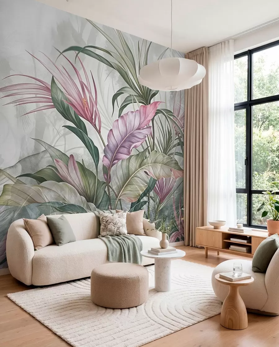 Wall Mural Photo Wallpaper Tropical jungle with large green leaves and pink protea flowers with blurred textured background w08375