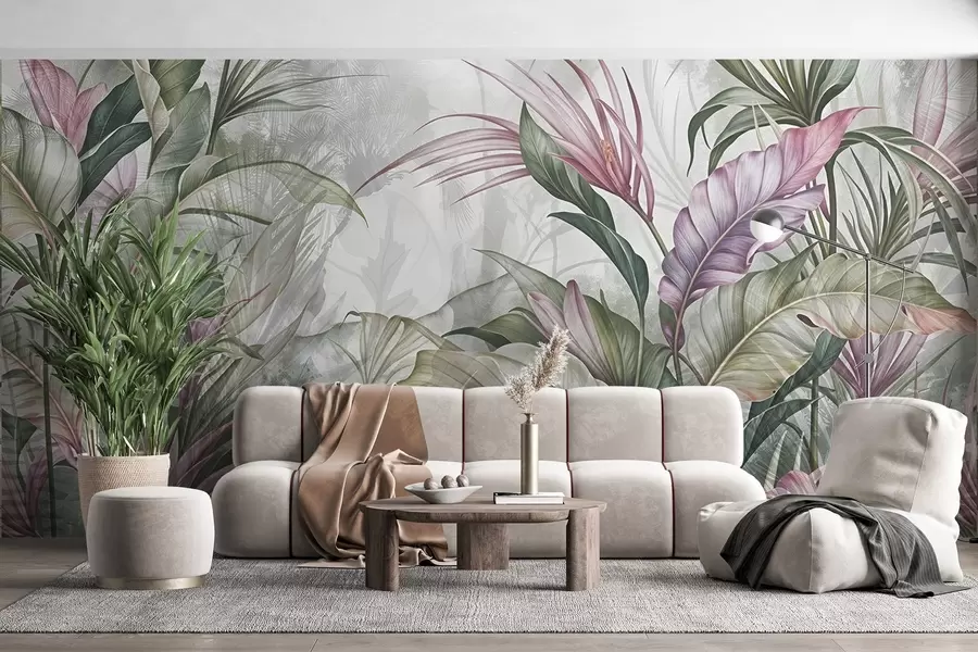 Wall Mural Photo Wallpaper Tropical jungle with large green leaves and pink protea flowers with blurred textured background w08375