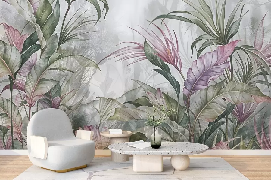 Wall Mural Photo Wallpaper Tropical jungle with large green leaves and pink protea flowers with blurred textured background w08375