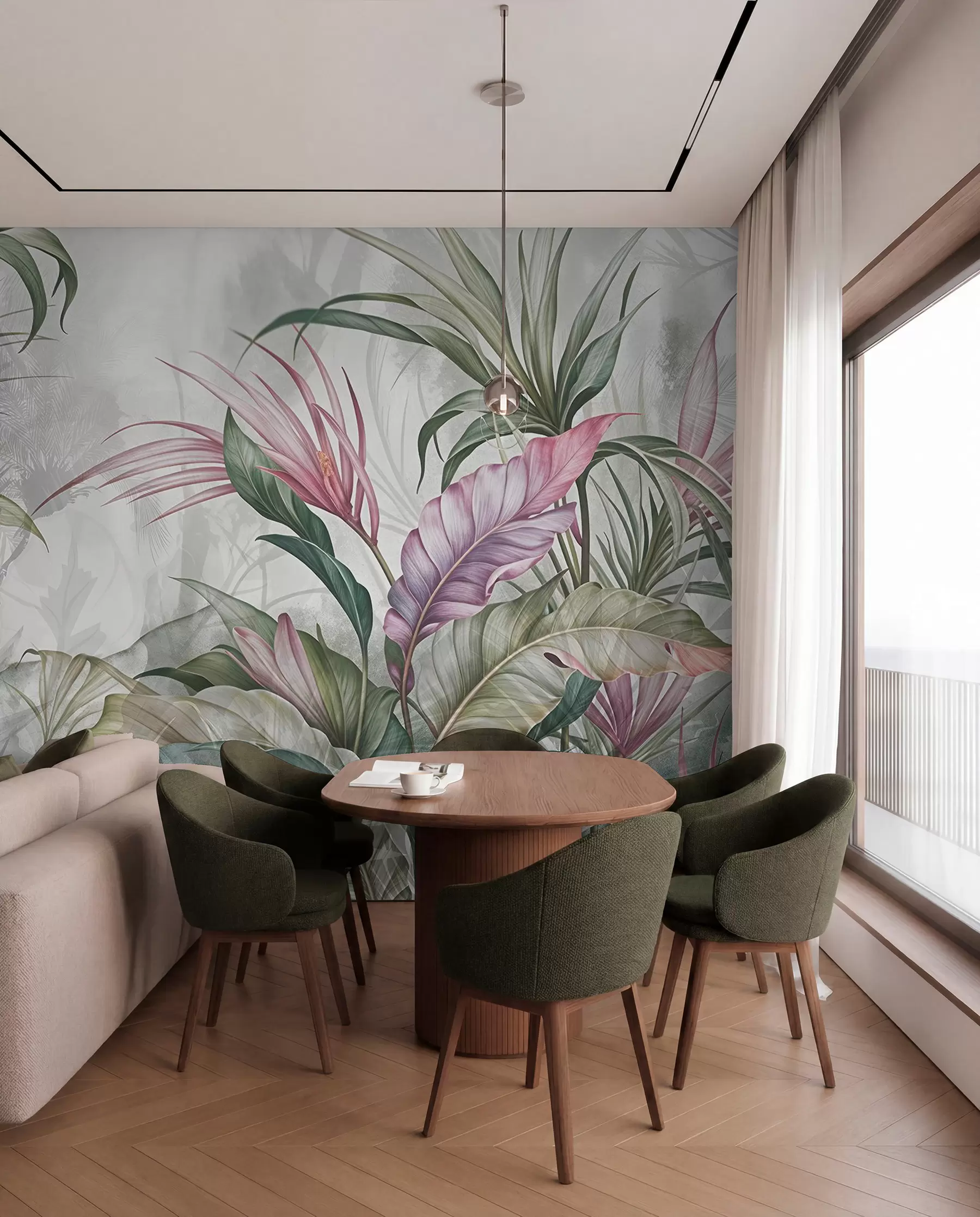 Wall Mural Photo Wallpaper Tropical jungle with large green leaves and pink protea flowers with blurred textured background w08375