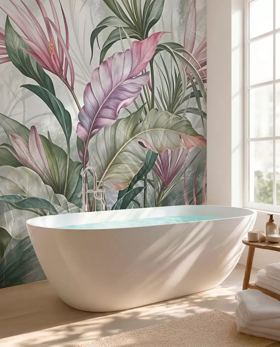wall murals Tropical jungle with large green leaves and pink protea flowers with blurred textured background w08375