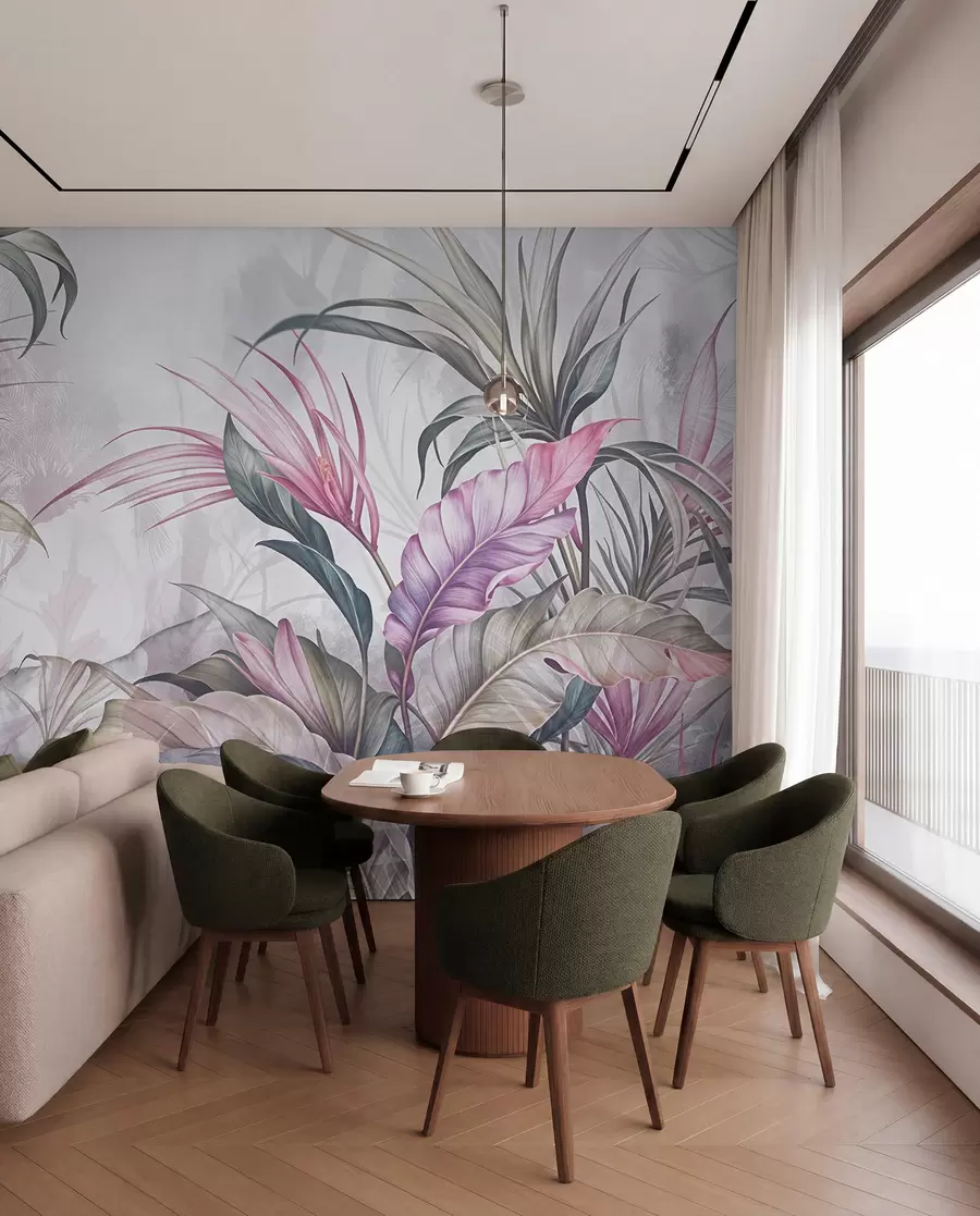 murales Selva tropical con grandes hojas verdes y flores de protea rosa con fondo borroso texturizado w08375v1