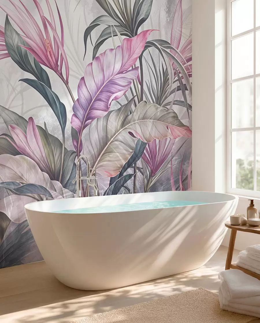 murales Selva tropical con grandes hojas verdes y flores de protea rosa con fondo borroso texturizado w08375v1