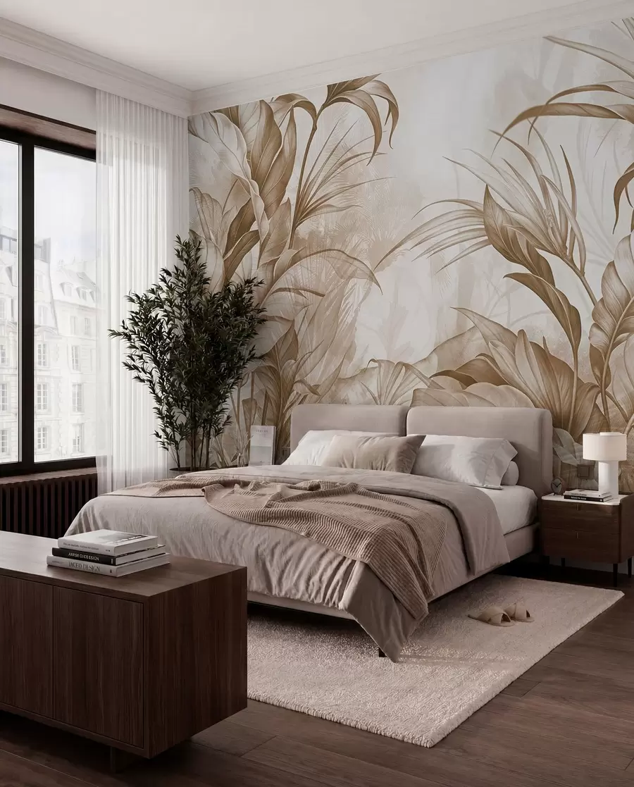 murales Selva tropical con grandes flores de protea de color marrón y beige con fondo de textura borrosa w08375v2