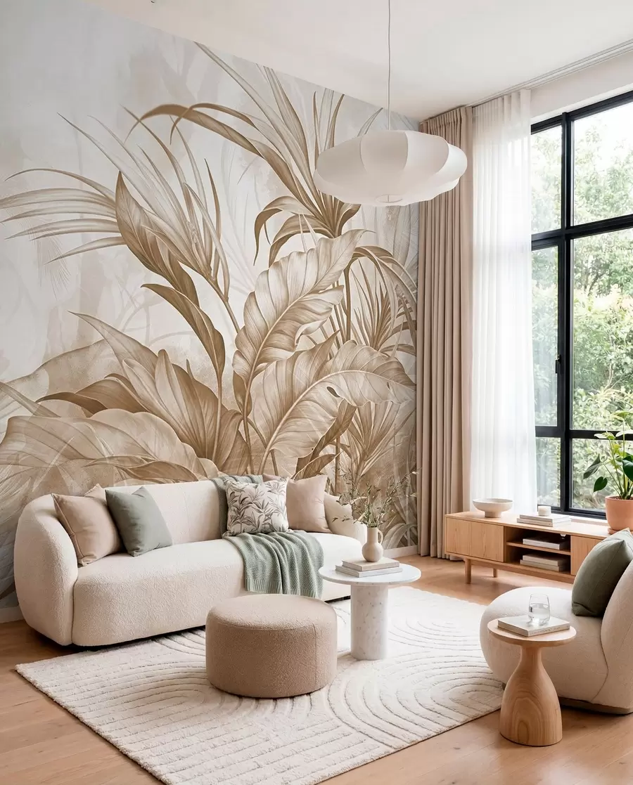 murales Selva tropical con grandes flores de protea de color marrón y beige con fondo de textura borrosa w08375v2