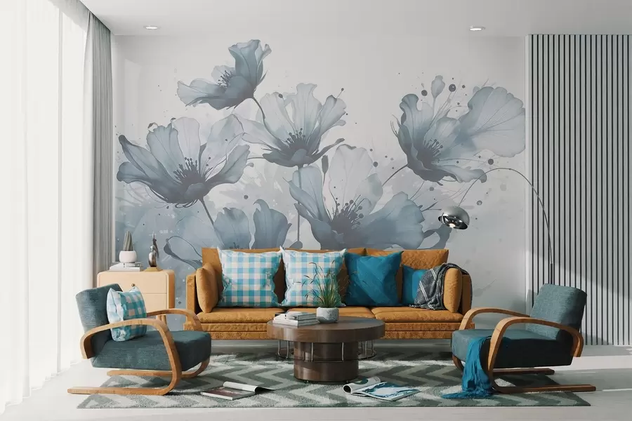 murales Delicadas flores azules con suaves pétalos difuminados y salpicaduras de acuarela sobre un fondo claro w08376