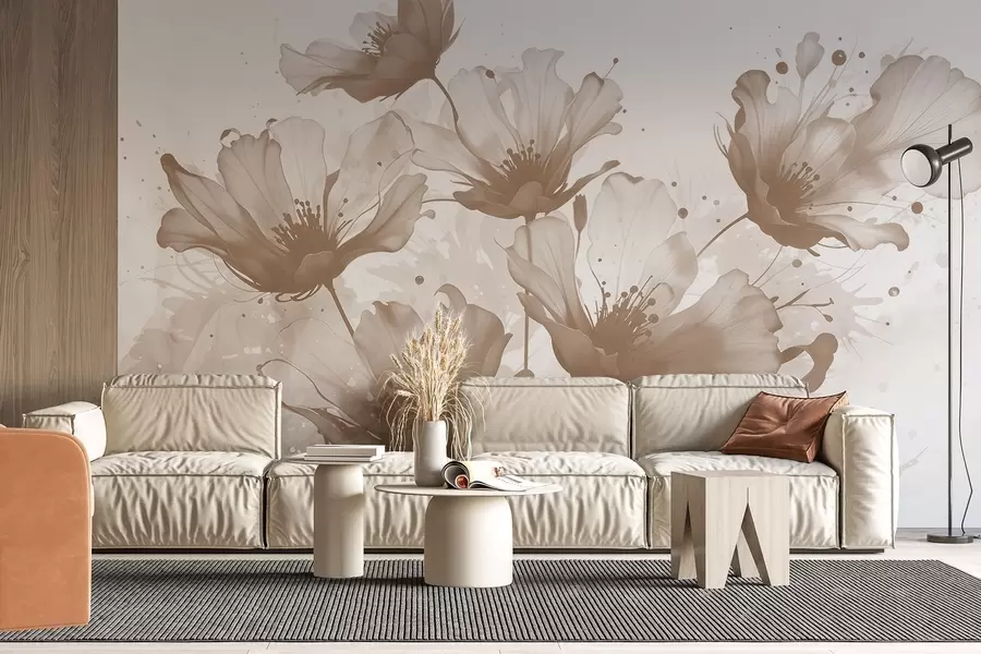 murales Delicadas flores marrones con pétalos suaves y difuminados y salpicaduras de acuarela sobre un fondo claro w08376v1