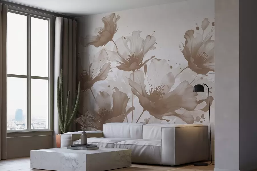 murales Delicadas flores marrones con pétalos suaves y difuminados y salpicaduras de acuarela sobre un fondo claro w08376v1