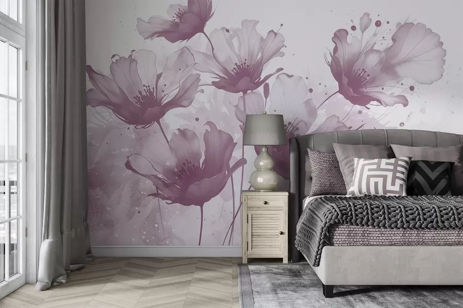 Wall Mural Photo Wallpaper Delicate pink flowers with soft, blurred petals and watercolor splashes against a light background w08376v2