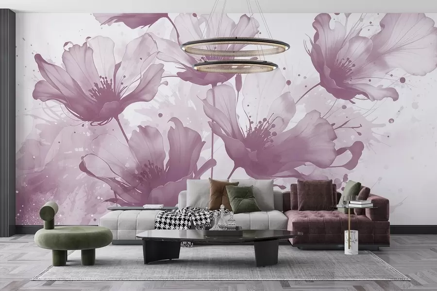 murais de parede Delicadas flores cor-de-rosa com pétalas suaves e esbatidas e salpicos de aguarela sobre um fundo claro w08376v2