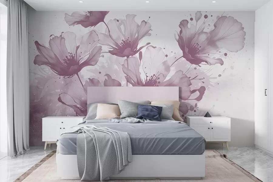 Wall Mural Photo Wallpaper Delicate pink flowers with soft, blurred petals and watercolor splashes against a light background w08376v2