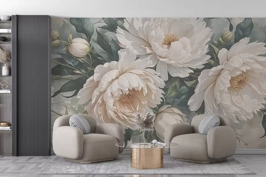 Wall Mural Photo Wallpaper Textured large white peony flowers with green leaves, a lush and romantic floral arrangement w08377