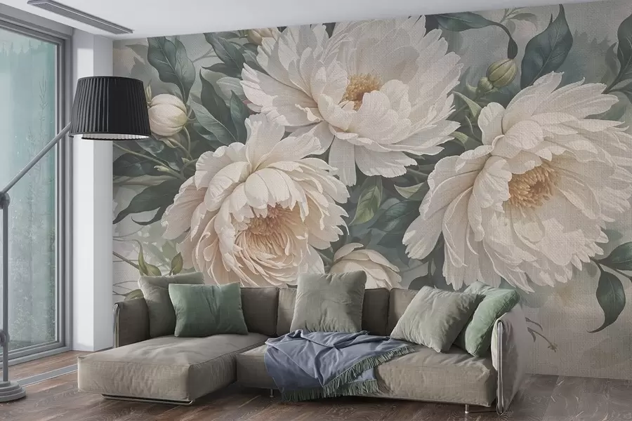 Wall Mural Photo Wallpaper Textured large white peony flowers with green leaves, a lush and romantic floral arrangement w08377
