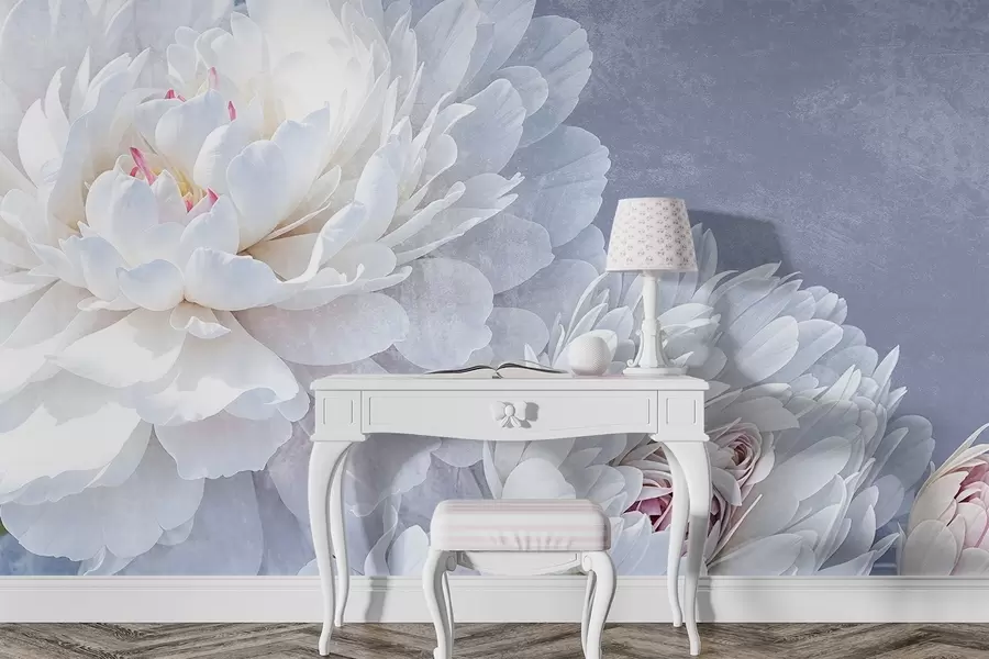 Wall Mural Photo Wallpaper White detailed peony flowers with soft, delicate petals against a light pastel blue textured background w08379