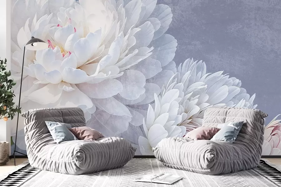 murales Flores de peonía blancas con pétalos suaves y delicados sobre un fondo de textura azul pastel claro w08379