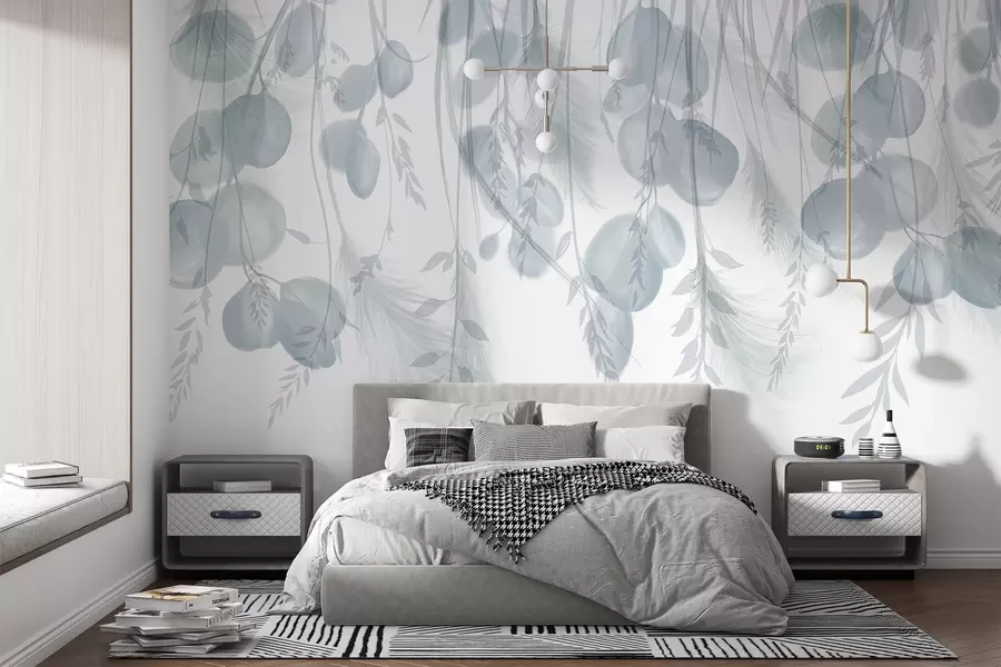 murales Delicadas hojas de eucalipto grises y verde pastel cayendo, creando una atmósfera serena y tranquilizadora w08380