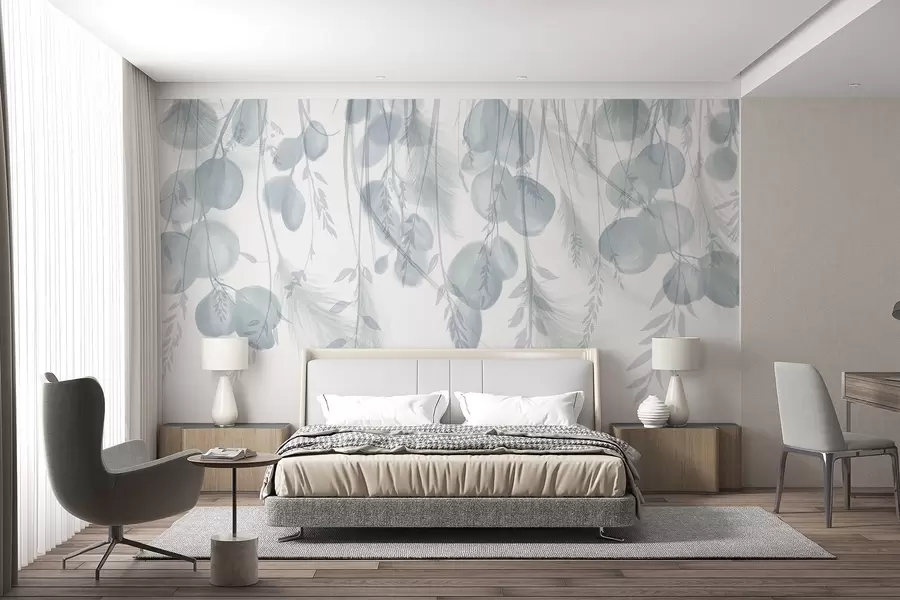 Wall Mural Photo Wallpaper Delicate gray and pastel green eucalyptus leaves falling, creating a serene and calming atmosphere w08380