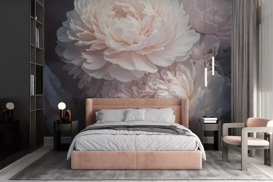 peintures murales Gros plan de deux grandes pivoines roses délicates aux pétales et aux feuilles douces et duveteuses sur un fond flou w08382