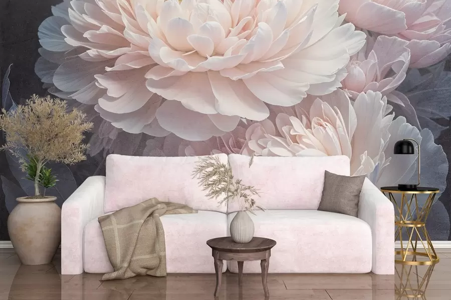 murales Primer plano de dos grandes y delicadas peonías rosas con pétalos y hojas suaves y esponjosos sobre un fondo difuminado w08382