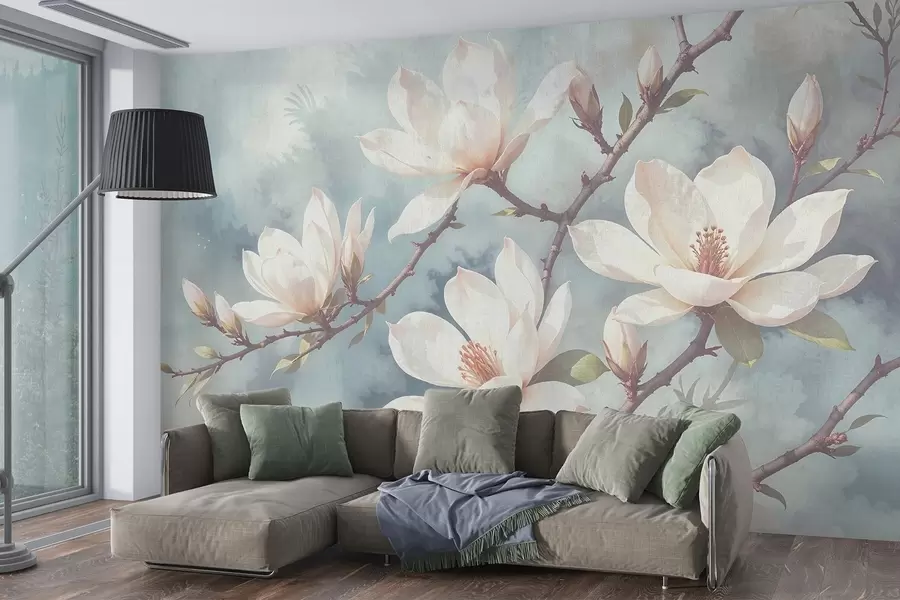 Wall Mural Photo Wallpaper White magnolia flowers blooming on tree branches against a soft, blurred textured blue background w08383