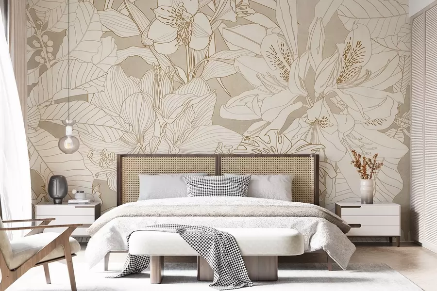 murales Estampado floral detallado en amarillo pastel con varios tipos de flores y hojas, un diseño botánico exuberante e intrincado w08385v1