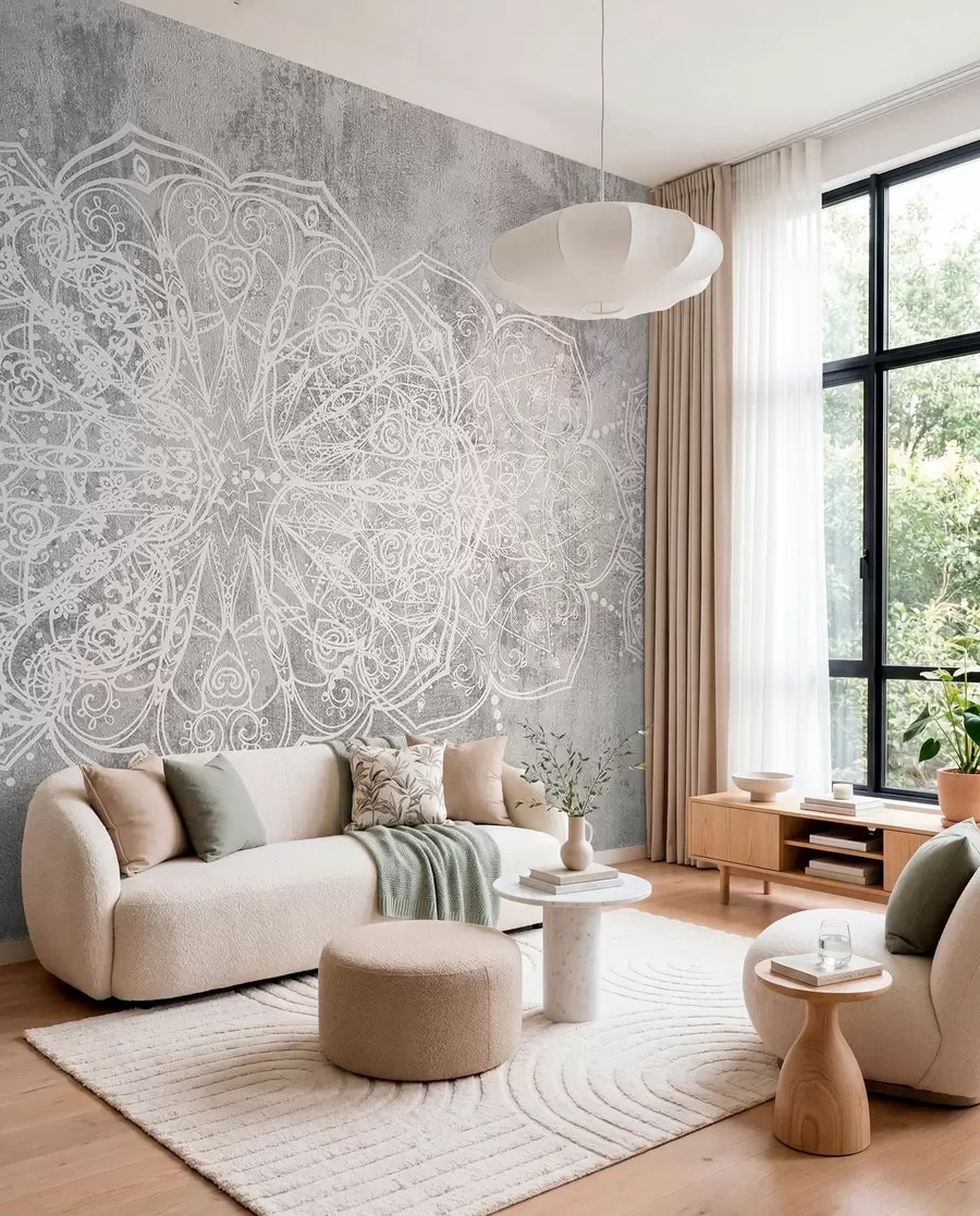 murales Un detallado e intrincado patrón de mandala de encaje blanco sobre un fondo de pared gris loft texturizado w08387