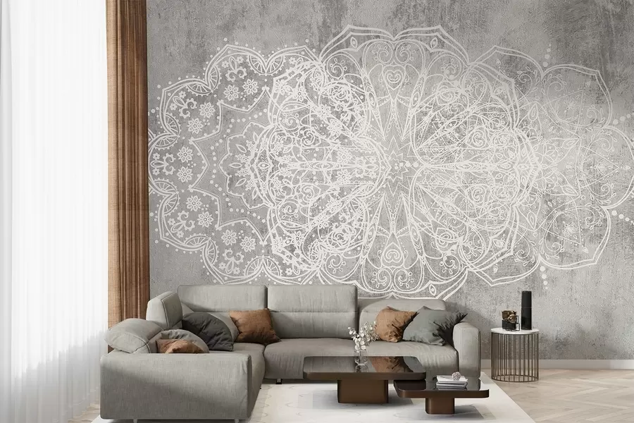 murais de parede Um padrão de mandala de renda branca intrincado e detalhado num fundo de parede cinzento texturizado w08387