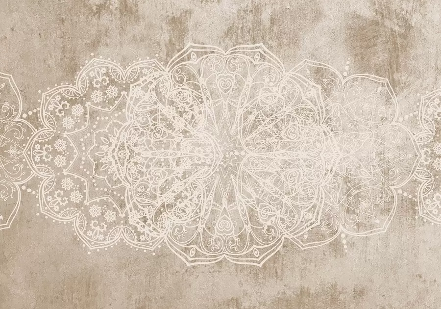 wall murals A detailed, intricate white lace mandala pattern on a textured loft beige-brown wall background w08387v1
